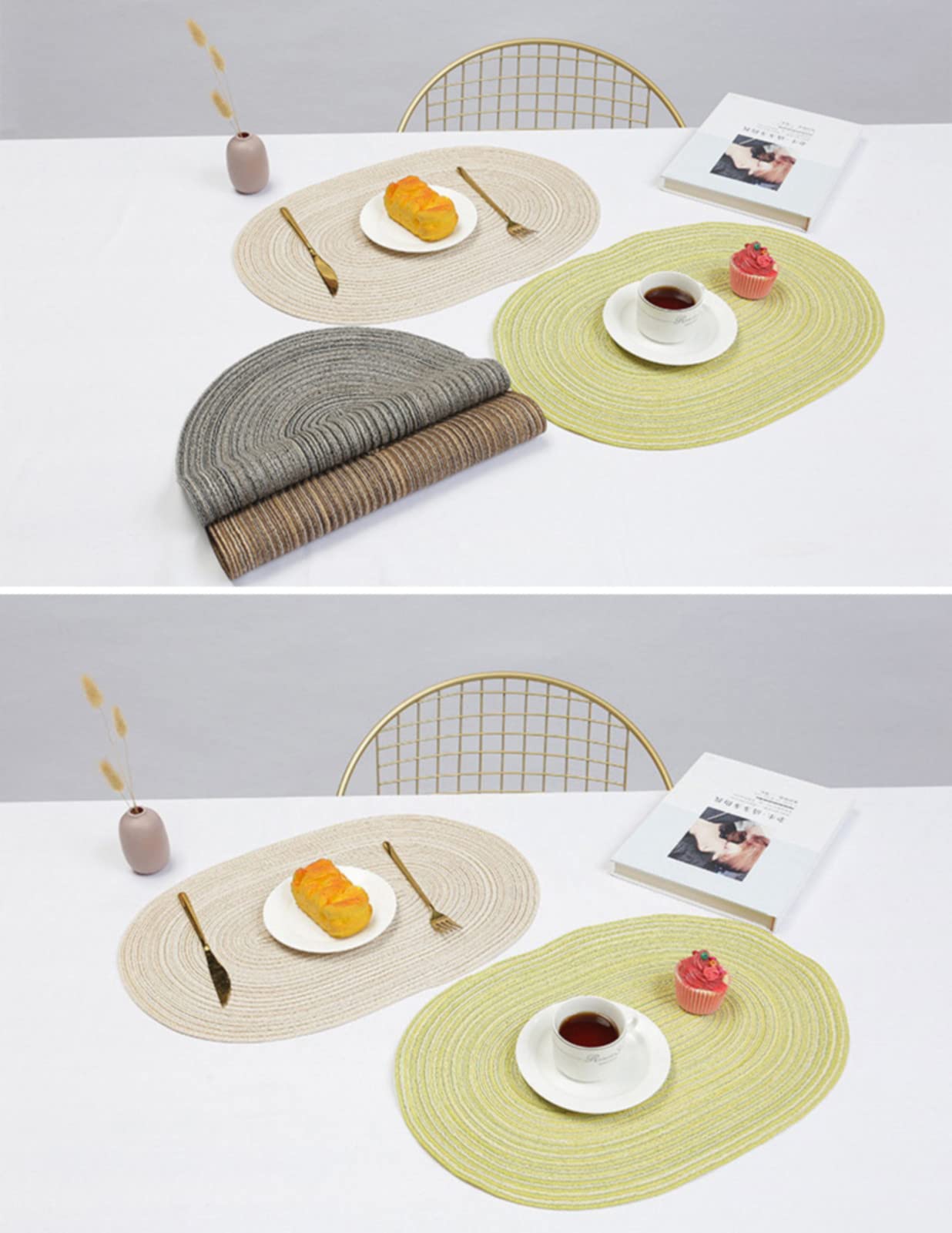 AHHFSMEI Ronde gevlochten placemats 35 cm ronde tafelmatten voor eettafels natuurlijk geweven hittebestendige placemats set van 6 (geel