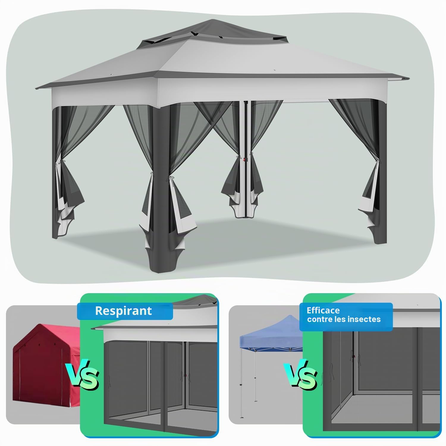 Pavillon 3x3m Étanche Stable, Double Toit Pavillon de Jardin, avec Moustiquaire Cadre Métallique, Bâche Tente de Fête Gazebo pour 2-4 Personnes (Gris)