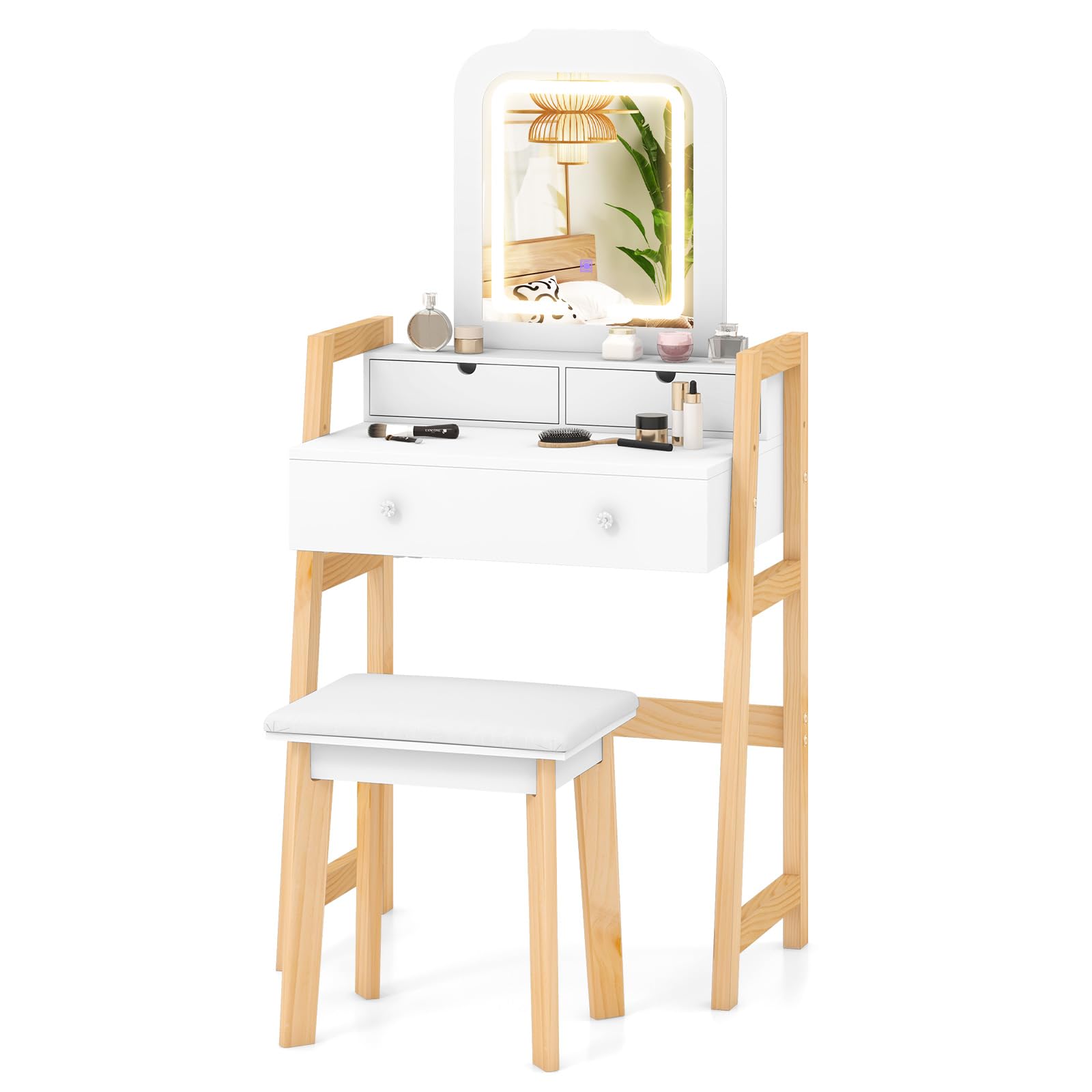 COSTWAY Tocador con Espejo Iluminado, Mesa de Maquillaje con Luces LED de 3 Colores, Cajones, Patas de Madera de Pino Sólido y Atura Ajustable, Juego de Mesa y Taburete para Dormitorio, Blanco