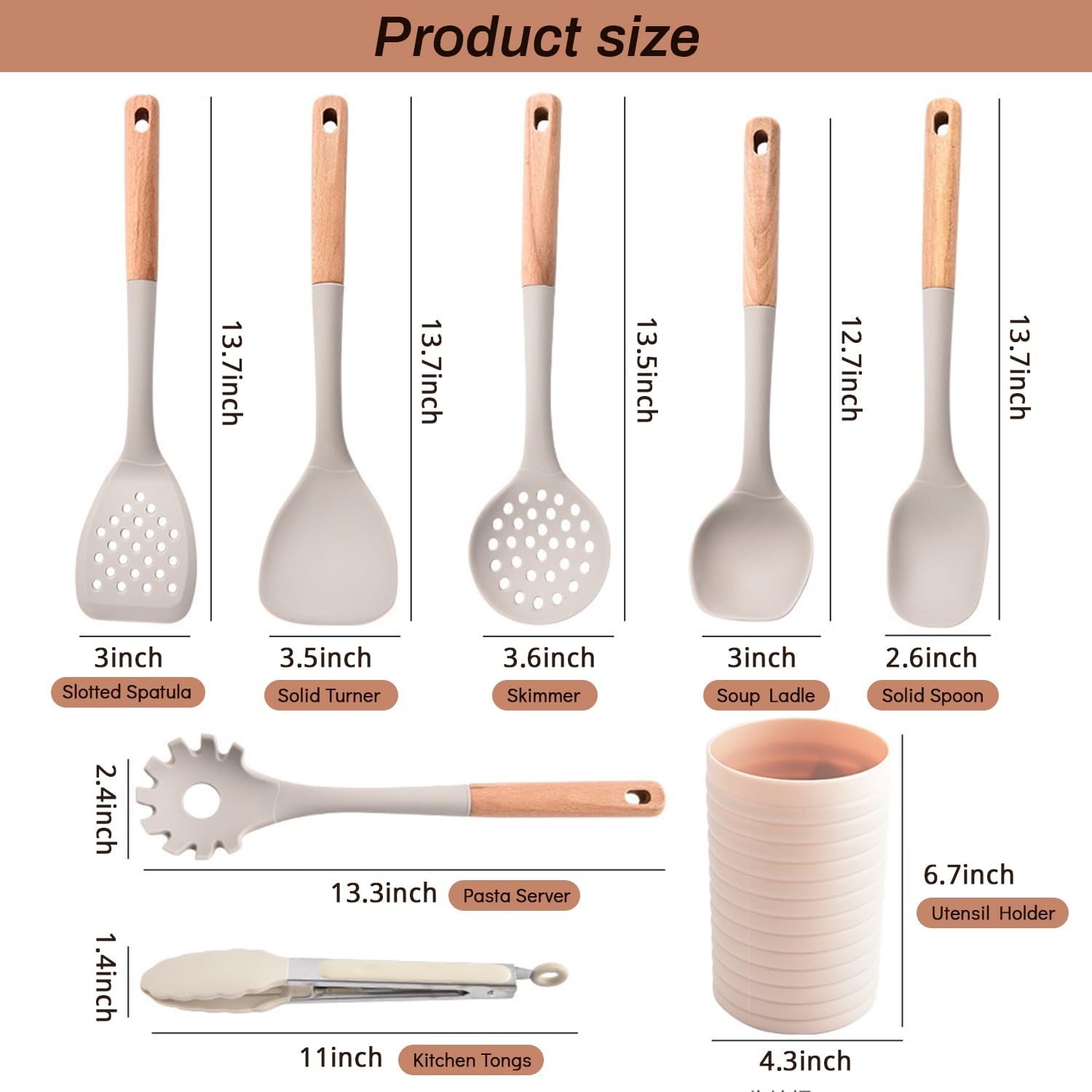 Silikon-Kochutensilien-Set, 8-teilig, antihaftbeschichtet, Spatel-Set mit Halter, Khaki-Küchenutensilien mit Holzgriffen, hitzebeständiges Kochset, Küchenhelfer, Geschenke für Mutter (Khaki)