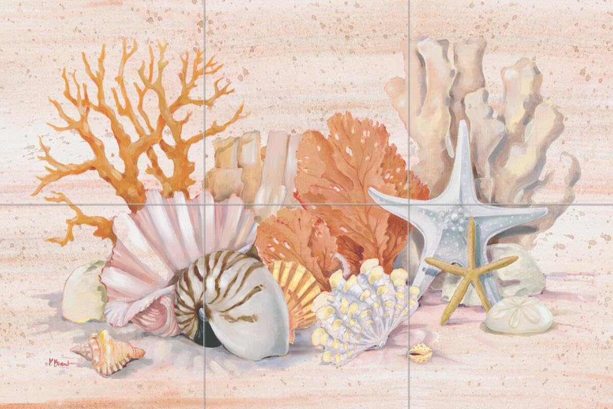 Ceramic Backsplash Tile Mural Sea Shell Themed Kitchen/Bathroom/Shower - Coral Still Life Collage - Paul Brent