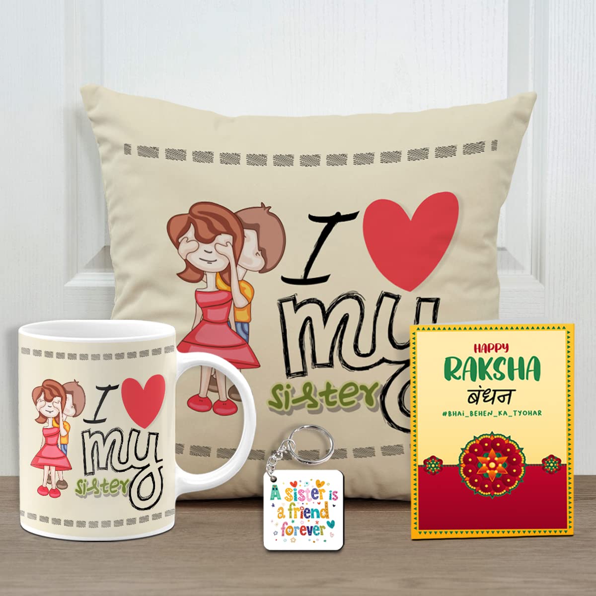 Sky Trends I Love My Sister Red Heart Printed Rakshabandhan Mug with Cushion Cover Keychain Combo with Greeting Card (Multicolour)