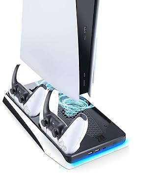 CreeZeeStop PS5 Stand with Suction Cooling Fan and Dual Controller Charger Station for Playstation 5 PS5 Console