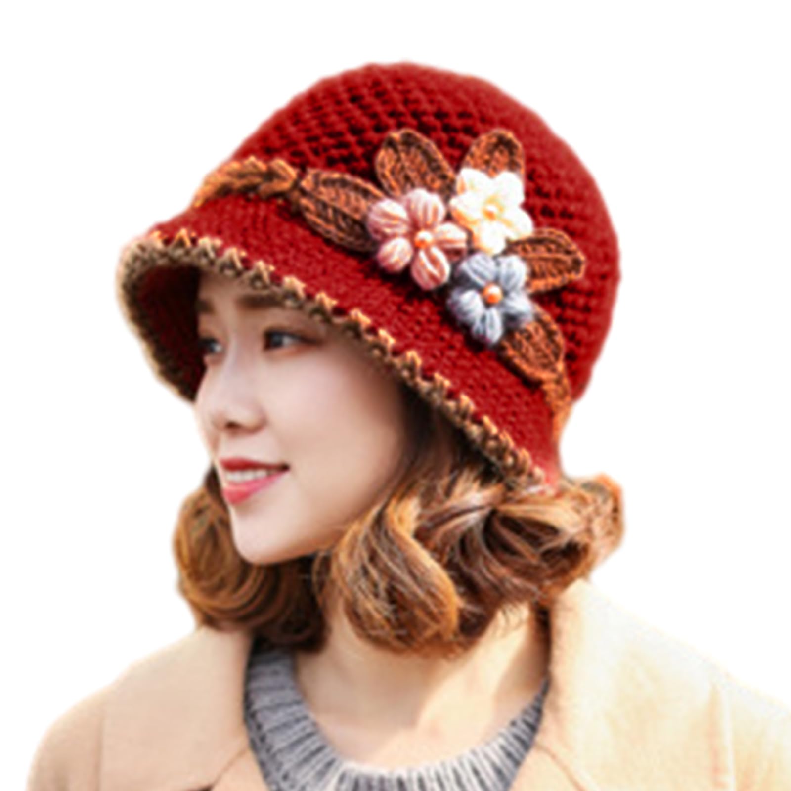 Vynetra Unisex Red Autumn Travel Crochet Bucket Hat Ladies Commute Camping Taking Photo Fisherman Hat With Flower Pattern For Girlfriend Knit Fisherman Knit Hats For Women Autumn Women Big Head