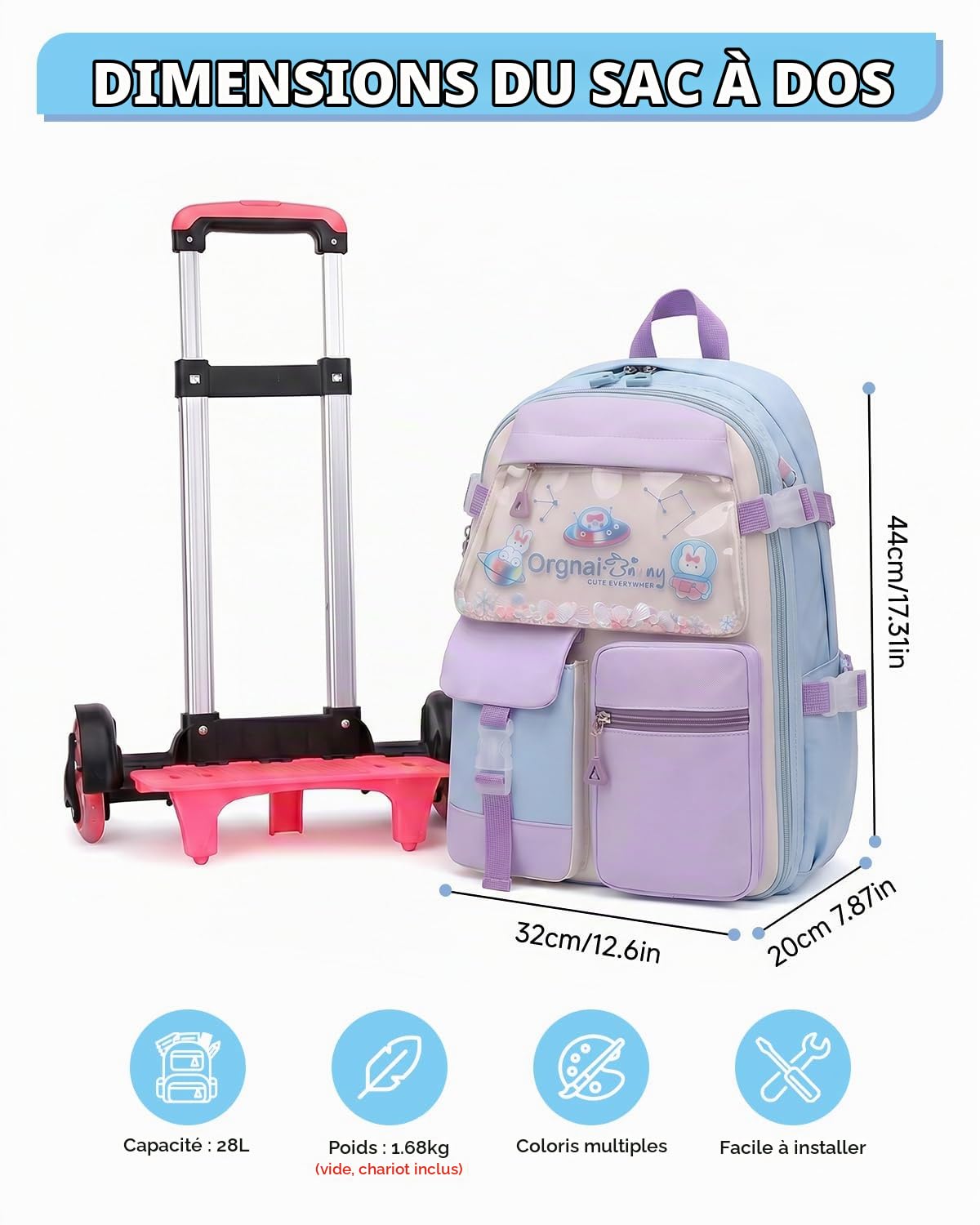 Tanou Sac à Dos d'école à Roulettes pour Fille, CE1 à la CM1