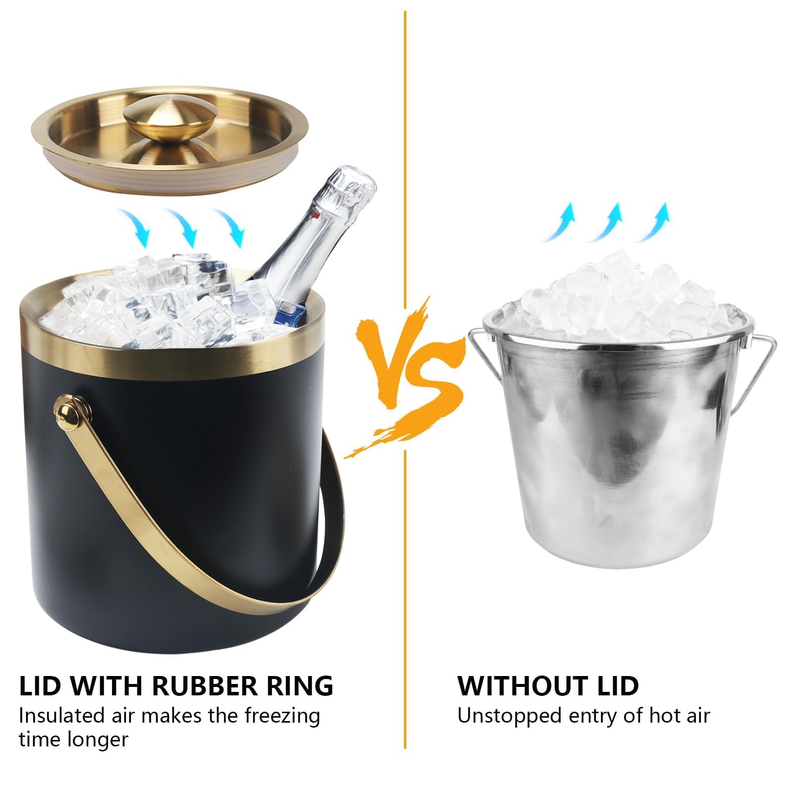 Zythrem 2L Secchiello per il Ghiaccio in Acciaio Inox 2L Doppia Parete Isolata Secchiello per Ghiaccio con Coperchio, Pinze e Pala, Portaghiaccio, Lce Bucke, per Vino per Cocktail Bar