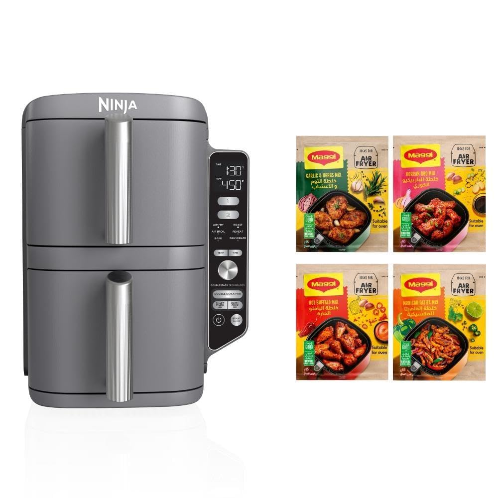 Ninja Double Stack XL Air Fryer 9.5 Litre,2 Drawers + 4 Maggi Air fryer Mixes (Korean Mexican Garlic & Herbs Buffalo Mix) (4x65g) Ninja Air Fryer+Maggi Mix 9.5L Grey
