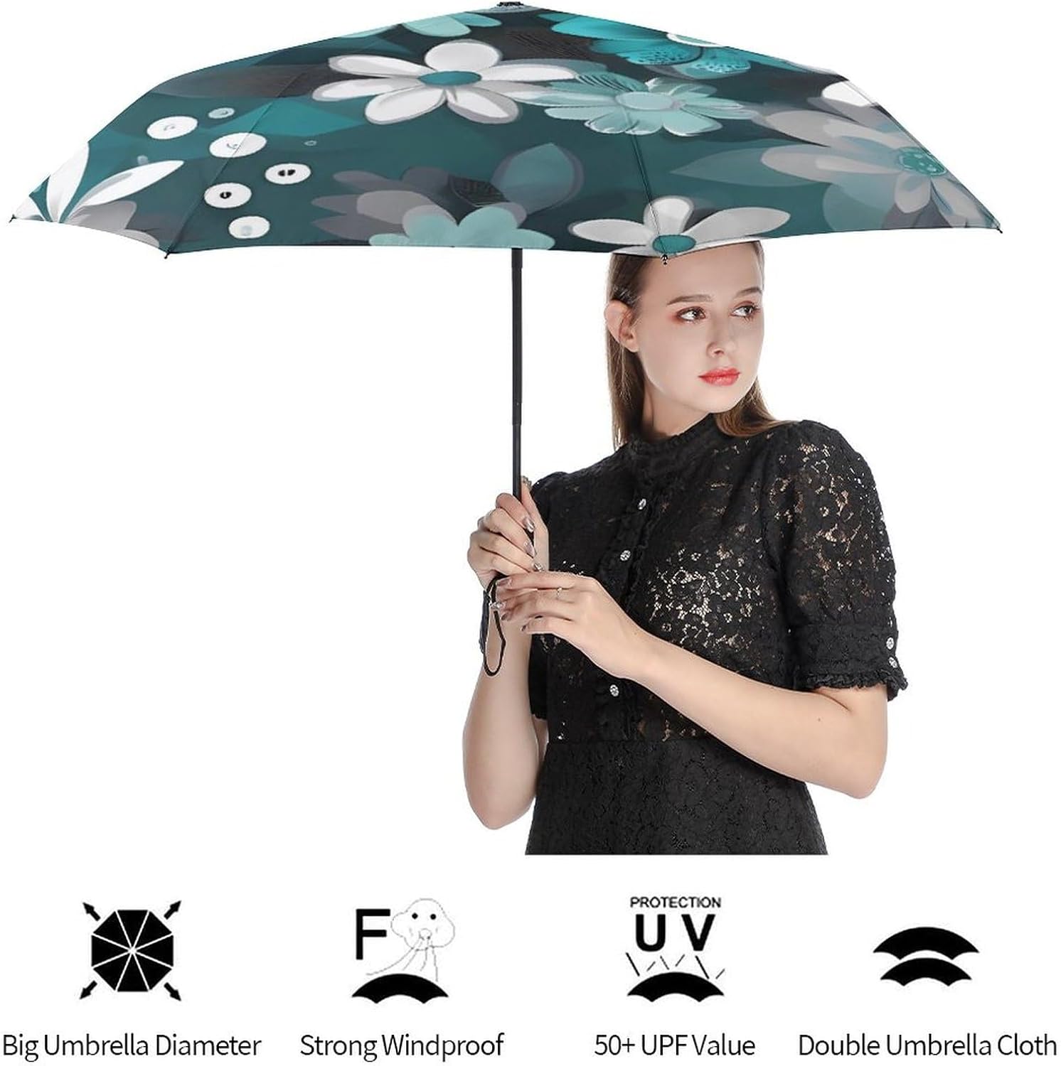 Windproof Travel Umbrella for Rain & Sun - Compact Automatic Folding Umbrella 8-Rib Reinforced Frame, Teal Grey And White Floral Umbrellas Lightweight Portable Umbrellas for Car Backpack image 4