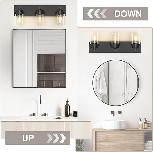 Miniatura 5 de Lámpara de tocador de baño con pantalla de vidrio transparente, 3 luces negras mate sobre espejo, accesorios de iluminación modernos para baño, sala