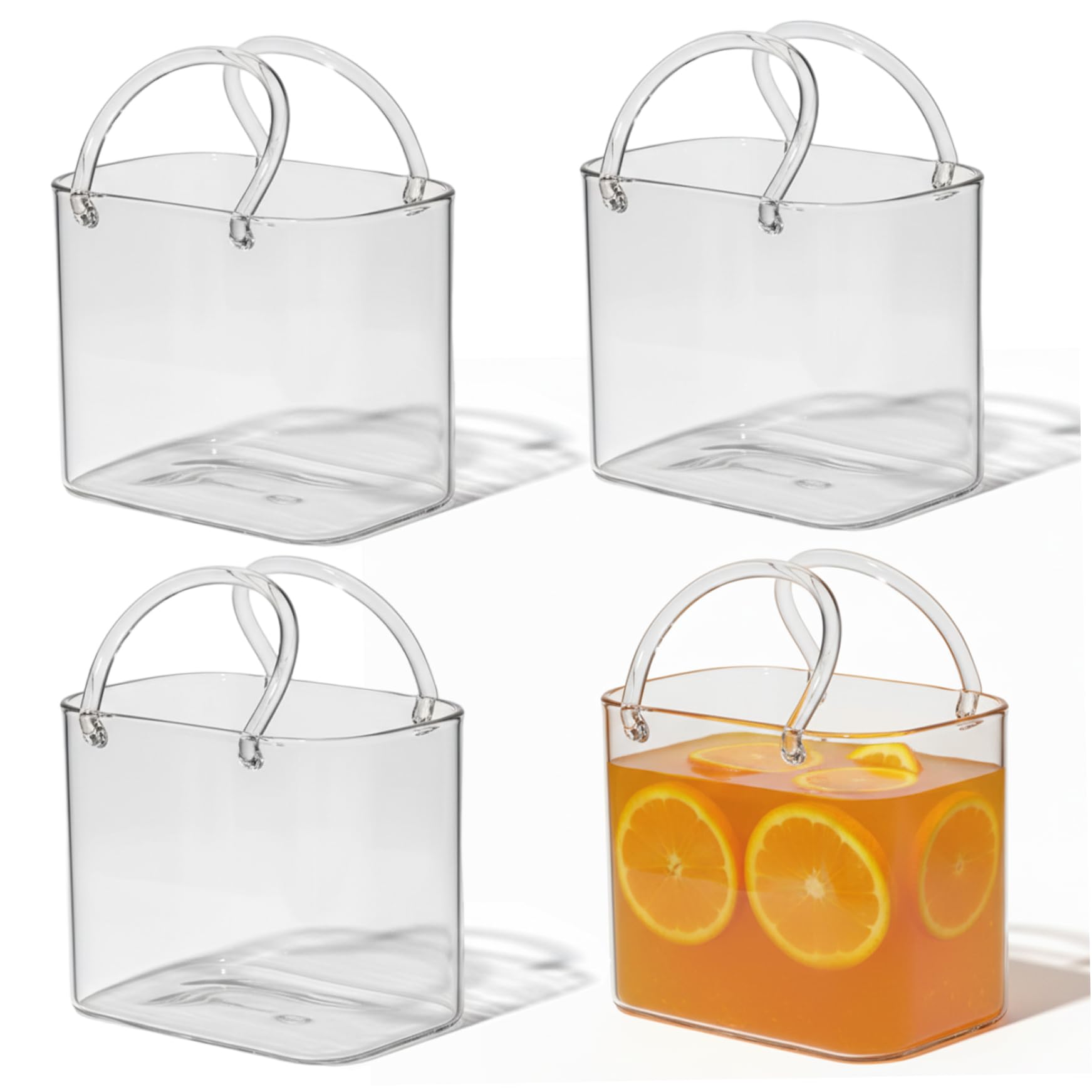 4er-Pack Glas-Geldbeutel für Getränke, 770 ml, einzigartige Trinkgläser, Handtaschen-Design, Cocktailbecher für Saft, klares Borosilikatglas