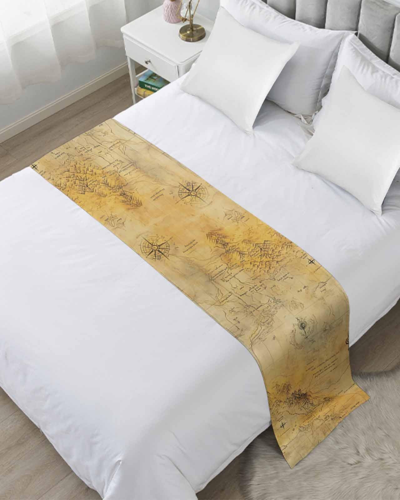 Twin Bed Runner Old Medieval Vintage Map Bedding Runner Scarves Decorative Bed Scarf, Abstract Compass Mountain Soft Bedding Scarf for Bedroom Hotel Wedding 71x20in