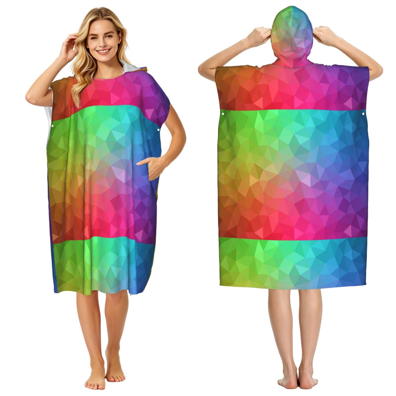 Poadnly Multicolor Polygonal Which Consist Triangles Rainbow, Adult Hooded Beach Towel 90 x 110 cm,Changing Bath Robe, Surf Poncho Towel For Women Men