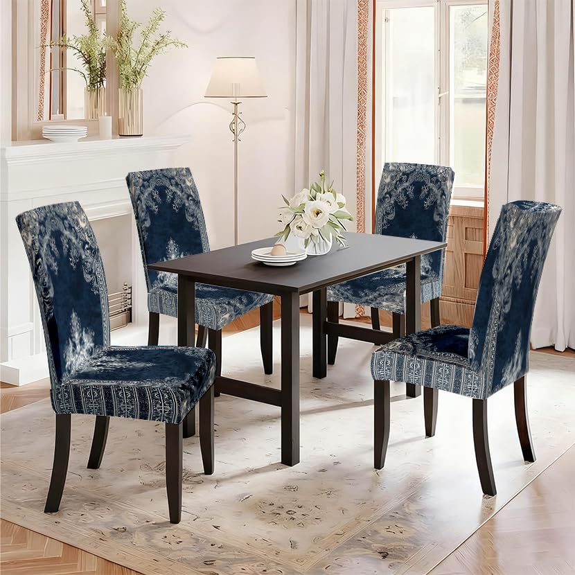 Image of Navy Blue Paisley Dining Chair Covers Set of 4, Boho Slipcovers