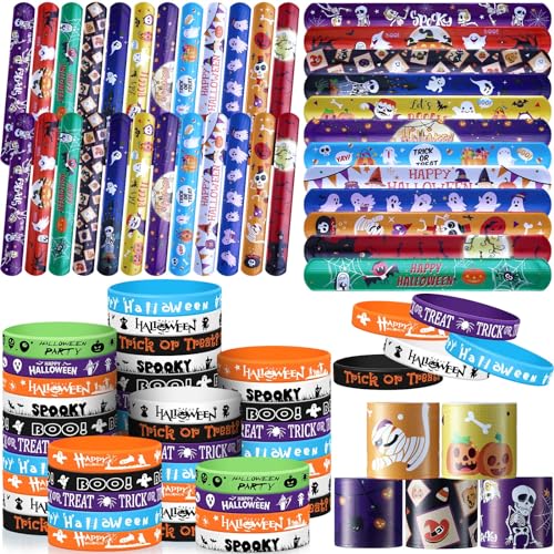 Wettarn 240 Pcs Halloween Party Favors Halloween Slap Bracelets for Kids Rubber Wristbands Bulk Silicone Bracelets Assorted Halloween Party Supplies for Boys Girls Prize Gifts Treat Filler (Halloween)