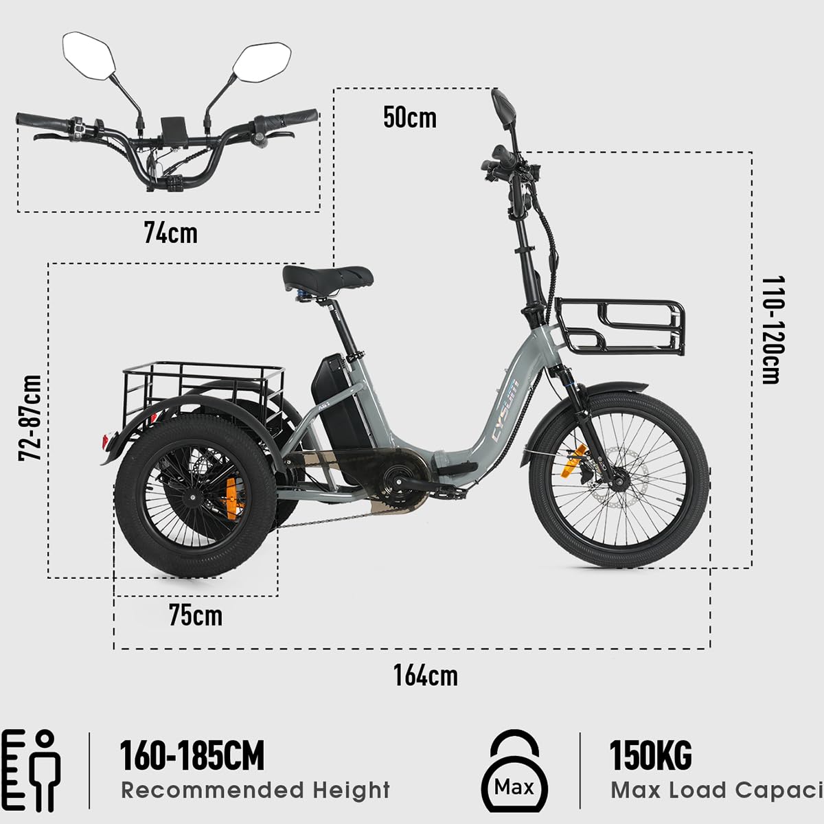 cysum AG1 Pro Triciclo Elettrico Per Adulti, 16 Pollici Pieghevole Bici Elettrica a tre ruote Per Uomo Donna, 48V 20 Ah Rimovibile Batteria, Coppia Di 80 Nm, Differenziale Di Velocità