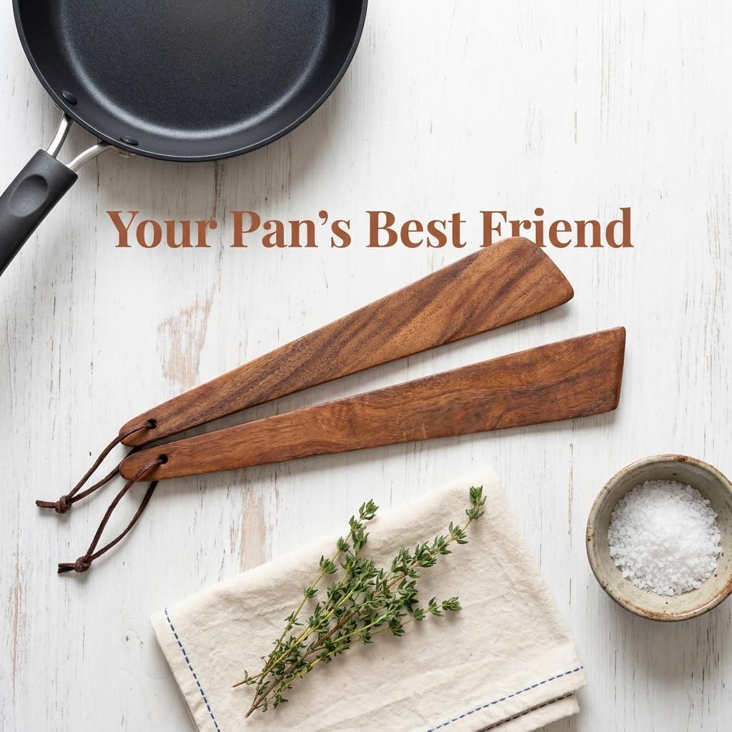 Acacia Wood Flat Spatula Set for Cooking, 12" + 10" One-Piece Narrow-Head Wooden Spatula, Non-Stick Safe Wooden Cooking Utensils, Kitchen Turner for Frying, Baking, Mixing DNWYPRI