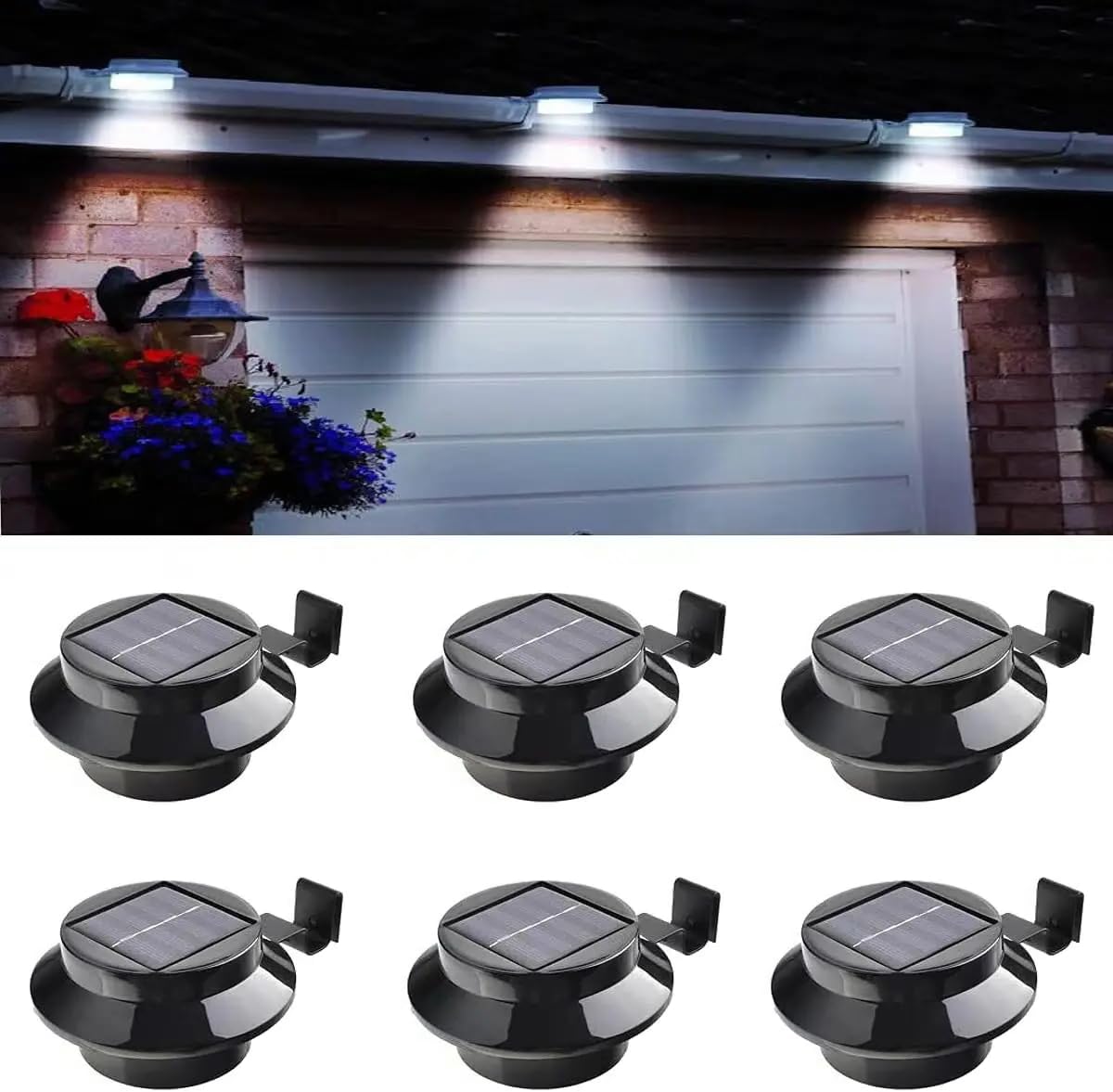 Pack Of 6 Solar Powered Black 3 LED Gutter Lights | Outdoor Garden Security Fence Wall Lamp| Easy to install | Can be mounted basically anywhere like roof gutters fence, tree, dog house, wall |