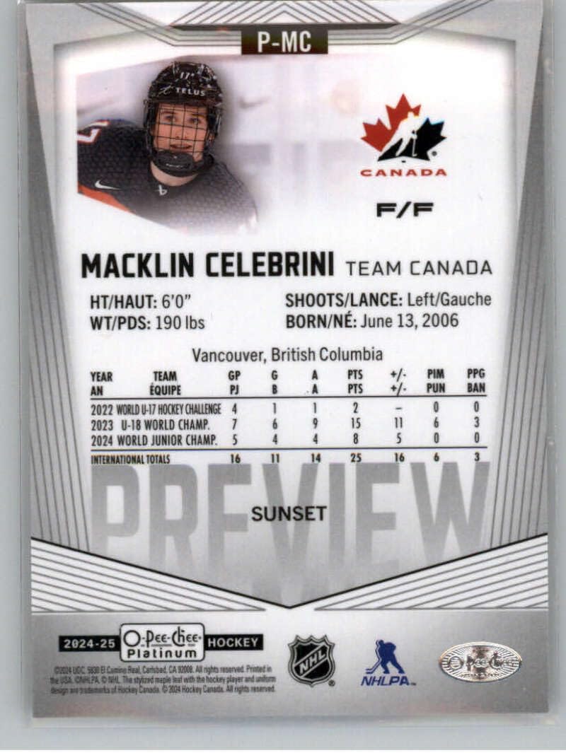 2024-25 O-Pee-Chee 2024-25 OPC Platinum Previews Sunset #P-MC Macklin Celebrini Team Canada RC Rookie Card Official NHL Hockey Card in Raw (NM or Better) Condition