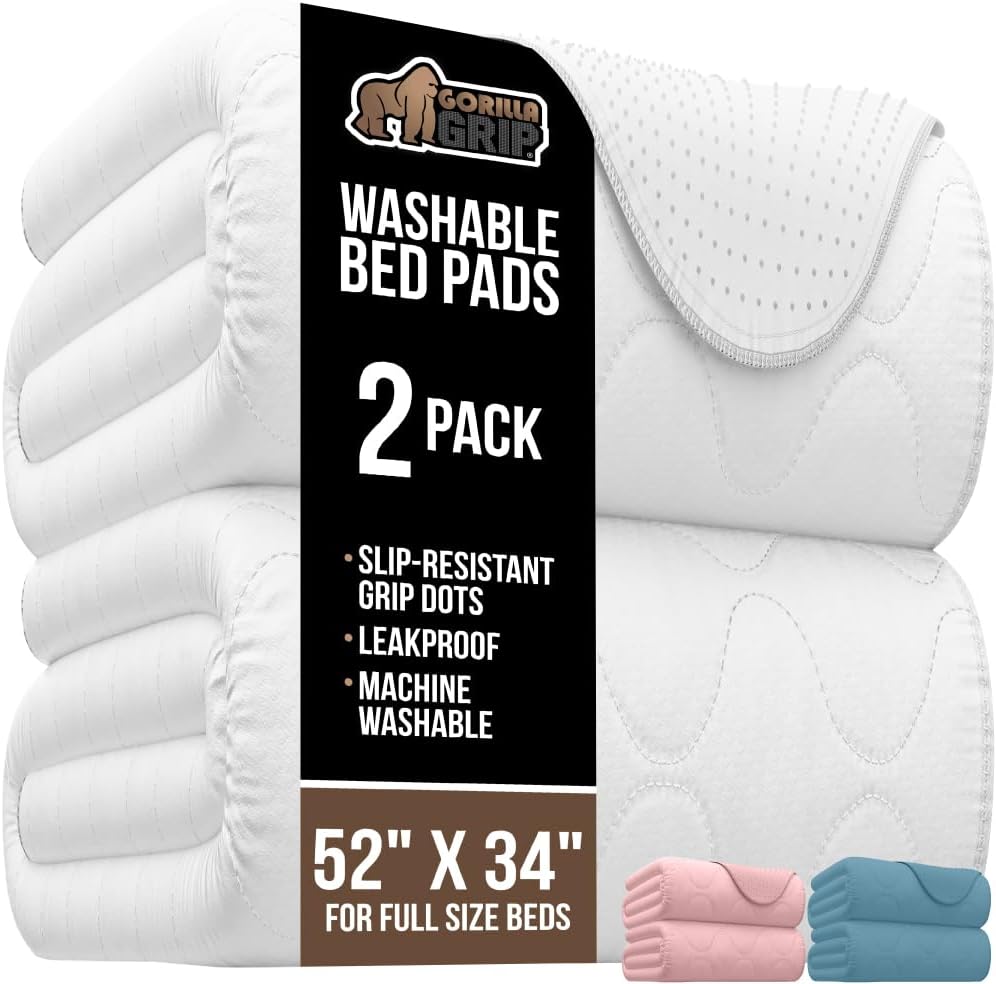 GORILLA GRIP Washable Underpads, Waterproof Reusable Heavy Absorbency Incontinence Bed Pads, Leak Proof Toddler Mattress Pad, 52x34 2 Pack, Slip Resistant for Bedwetting, Adults and Kids, White OEKO-T