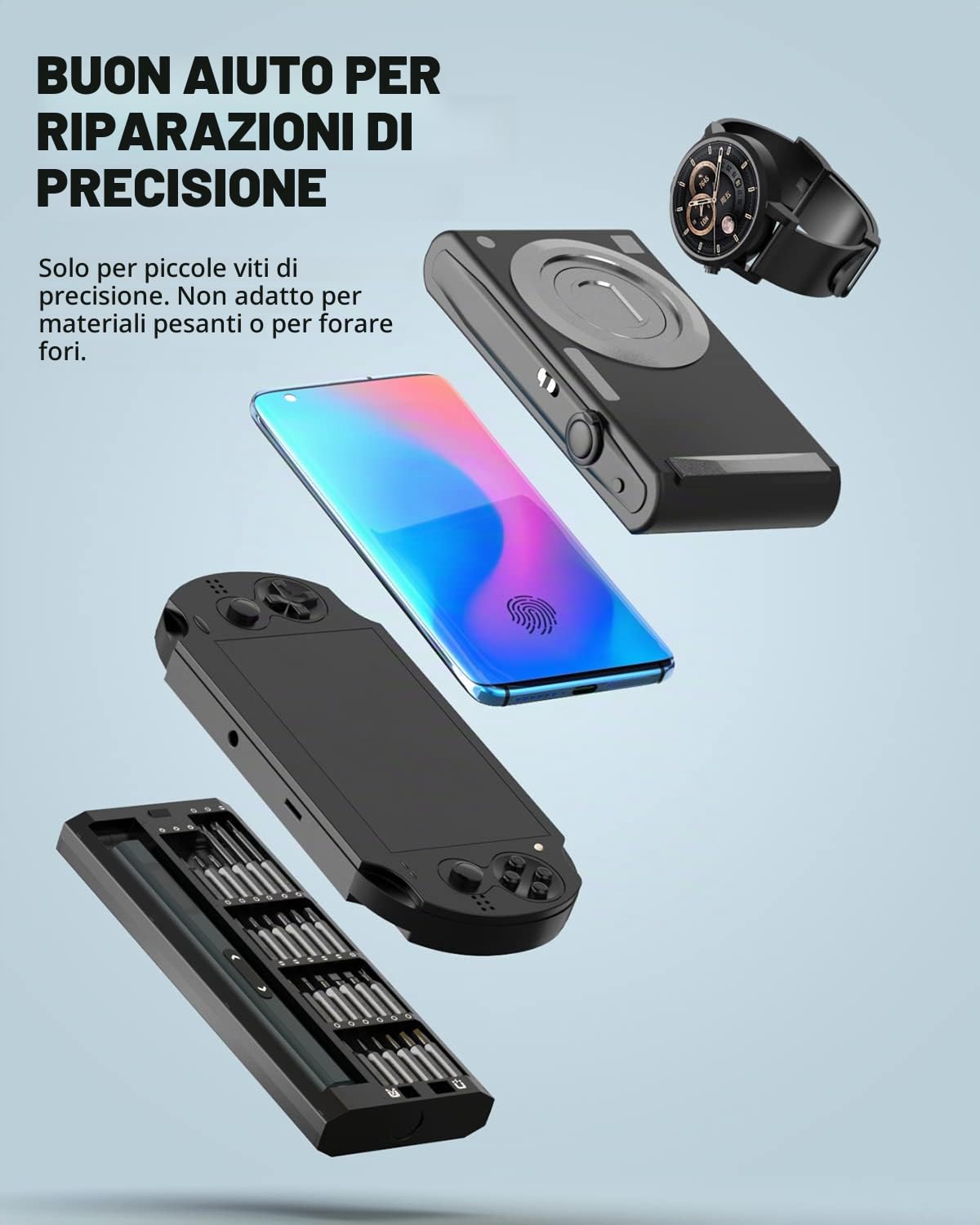 Mini cacciavite elettrico con display, set di cacciaviti di precisione con 5 impostazioni di coppia, 48 punte magnetiche, luce LED, kit cacciaviti senza fili per telefono, fotocamera, laptop, orologio