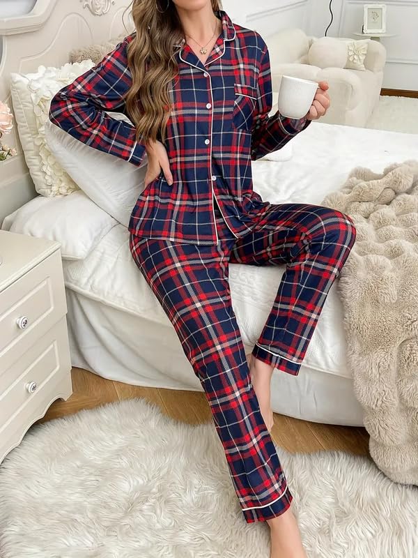 Image of Night Suit for Women with Full Sleeve Button-Down Top with Pant Dress for Woman,Night Dress for Woman, Two-Piece Loungewear Set