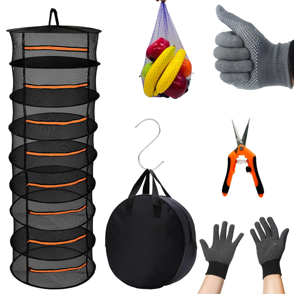 Sponsored Ad – Herb Drying Rack Net,8 Layer 5.5ft Hanging Drying Net, Plant Racks Net,with Hook,Bud Trimming Scissors,Storage Bag and Gloves-for Drying Seeds,Herb,Vegs,Fruits,Bud-Diameter 60cm