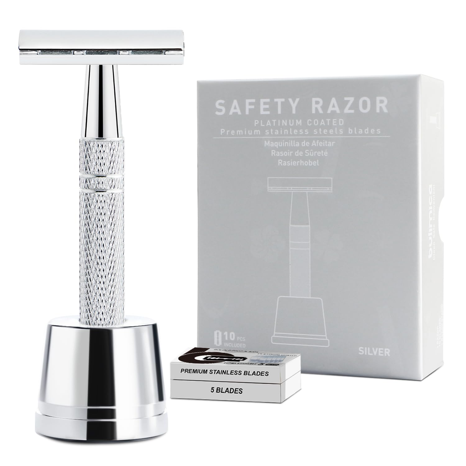 Double Edge Safety Razor with Stand, Single Blade Razors for Men and Women, Metal 1 Blade Razor, with 10 Platinum Coated Stainless Steel Double Edge Blades, Smooth and Close Shave, Silver