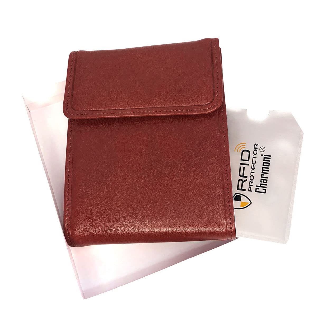 Charmoni - Etui Porte chéquier Longue Pliant Talon à Gauche - Protection Anti RFID - 3 Volets - 4 emplacements Carte crédit en Cuir Vachette (Cuir Collet Vache, Marron)