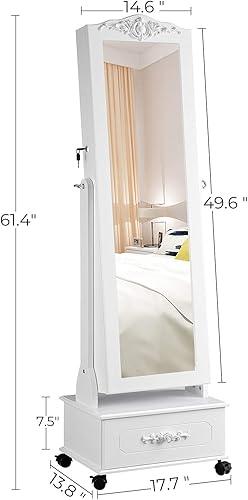 Miniatura 7 de SONGMICS UJJC061W01 - Armario de joyería con ruedas, espejo y cierre independiente con luces LED, cajón grande, color blanco