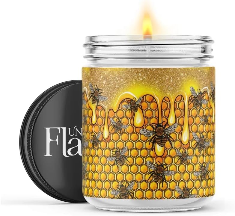 100% Handmade Non-toxic Soy Wax Candle, Warm Scent, 120hr Burn, Soot Free, Cotton Wick, 16 oz - Gold Honeycomb Themed Design (Honey Bees, Cuban Tobacco)