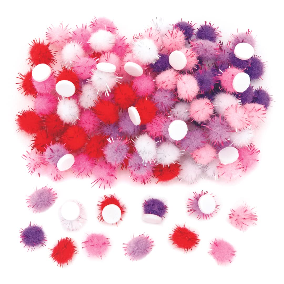Baker Ross AX622 Glitter Pom Poms - Pack of 150, Self-Adhesive Assorted Sticky Craft Embellishments for Kids Arts and Crafts Decorating