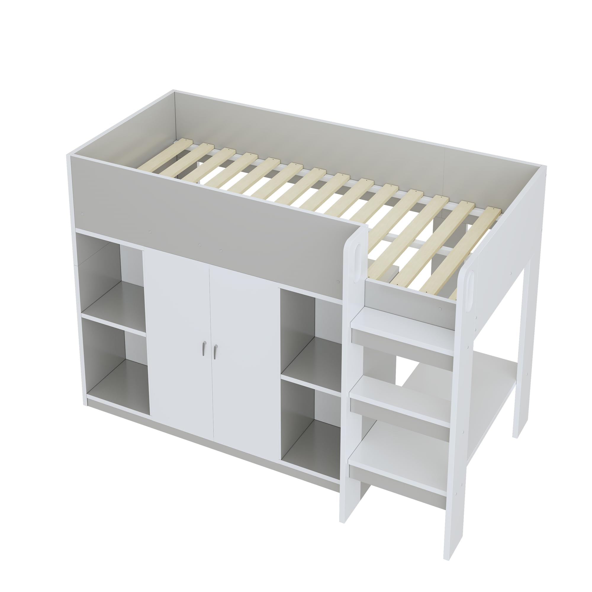 Azkoeesy Letto a Soppalco Singolo con Armadio, 90x200 cm, Spazio di Archiviazione, Scale, Ringhiera e Doghe, per Adolescenti e Adulti, in Truciolame, Grigio