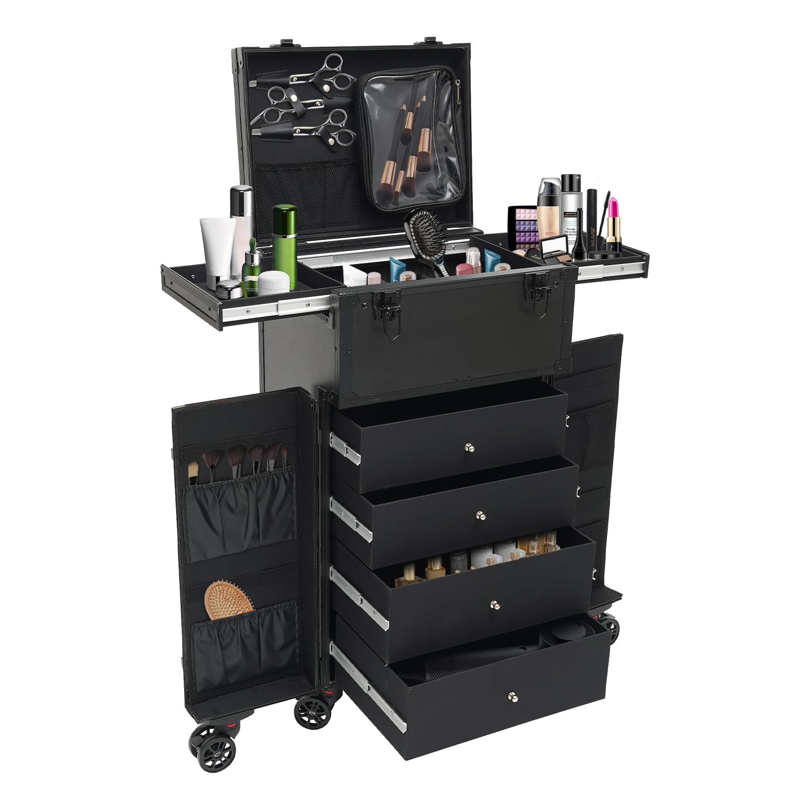 Rolling Makeup Train Case,Large Capacity Professional Cosmetology Trolley Case With 6 Universal Wheels,Adjustable Rod Lengths,Sorted Storage,Cosmetic