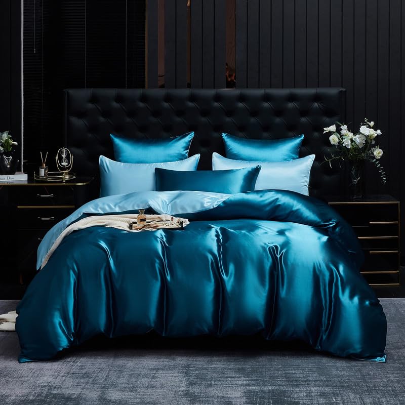 Gezu Parure de Lit Satin 200x200cm Bleu Clair Bleu Parure de Lit 200x200 Adulte Lisse Soyeux...