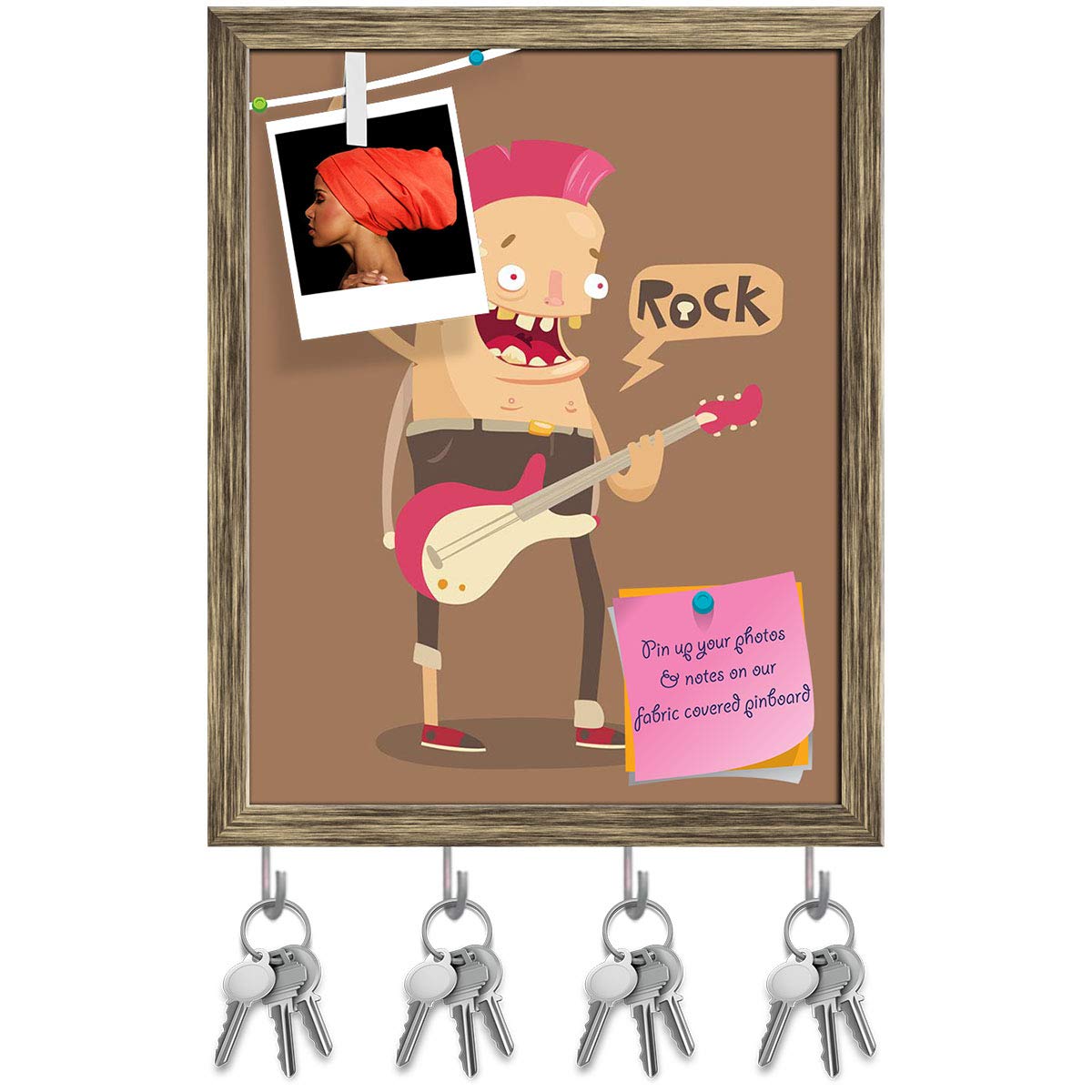 ArtzFolio Punk Rock Guitar Player Key Holder Hooks | Notice Pin Board | Antique Golden Frame 10 X 12.5Inch