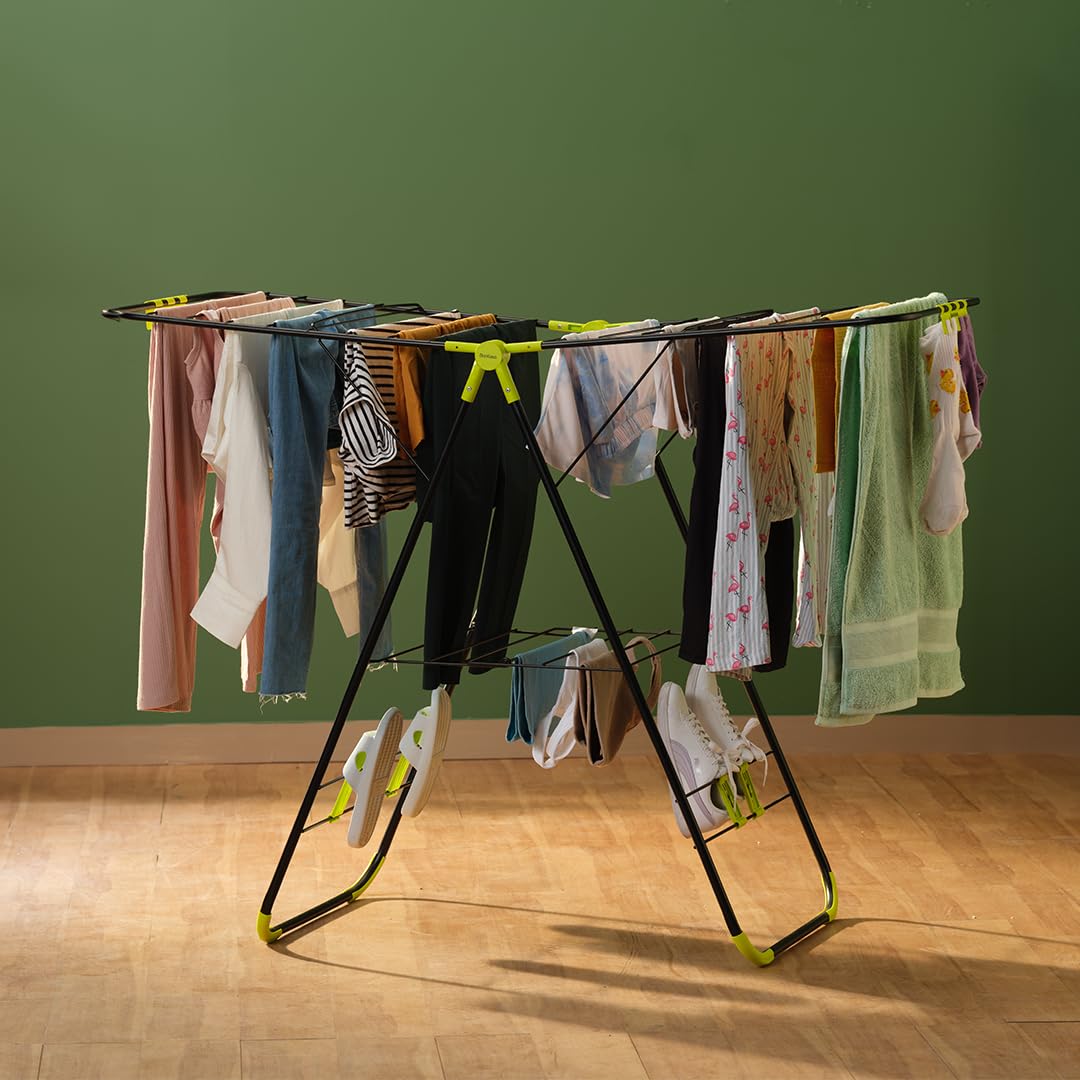 BonKaso Premium Steel Foldable Cloth Dryer Stand | Heavy Duty Clothes Drying Rack with Arm Lock & Socks Holder | (147 x 60.5 x 105.5 cm) Black & Green 4