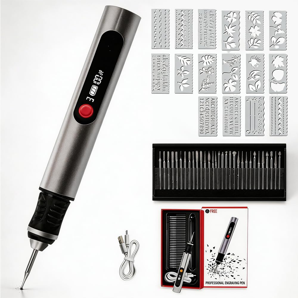 Gravierstift, Elektrischer Gravur Stift mit 30 Bits und 16 Vorlagen, Kabelloser Tragbarer Gravur Gerät, USB-Type-C Wiederaufladierbar Gravur Werkzeug Kit für Schmuck, Holz, Kunststoff, Metall,