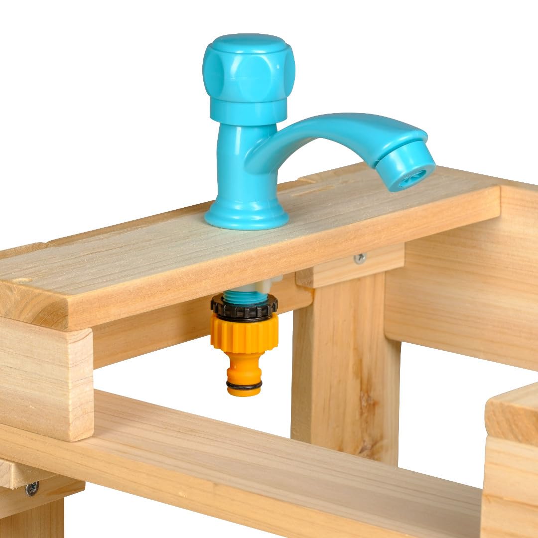 Wasserspieltisch mit Wasserhahn und 3 Boote, Wassertisch Kinder Outdoor aus Naturholz mit Wasserbecken, Schlauchanschluß, 3 Wasserbecken für Wasserfall und Staudamm