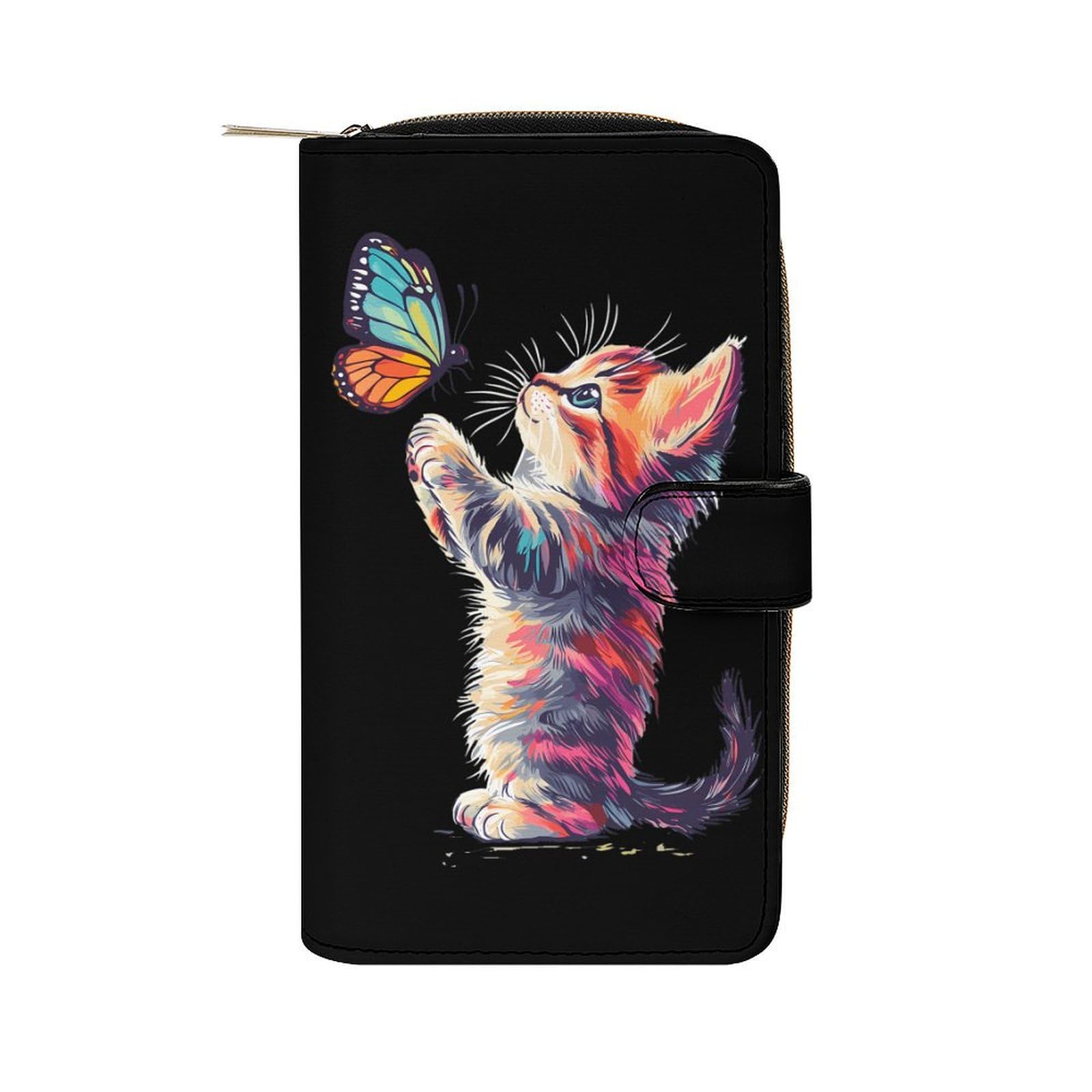 Cute Cat Playing Butterflies Long Wallet PU Leather Credit Card Holder Durable Zippered Purse Clutch Wallet