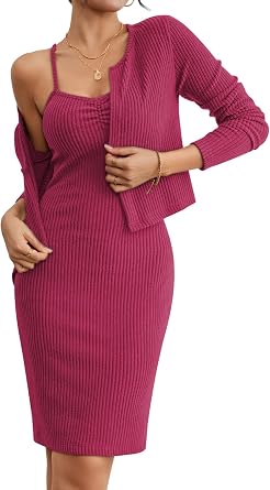 Sovoyontee Women Fall Knit Sweater Dress Set Bodycon Midi Dresses Long Sleeve Cropped Cardigan 2 Piece Outfits