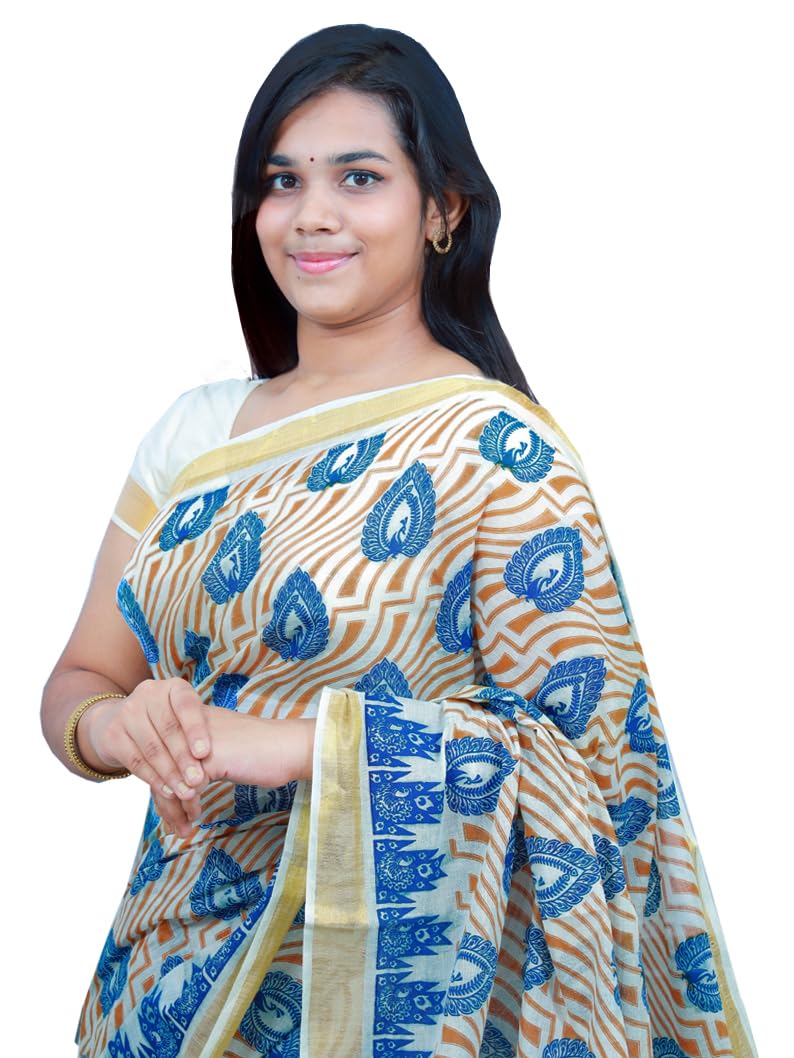 GenericWomen’s Pure Kerala Cotton Saree | Off White | With Running Blouse Piece | Hand Block Printed