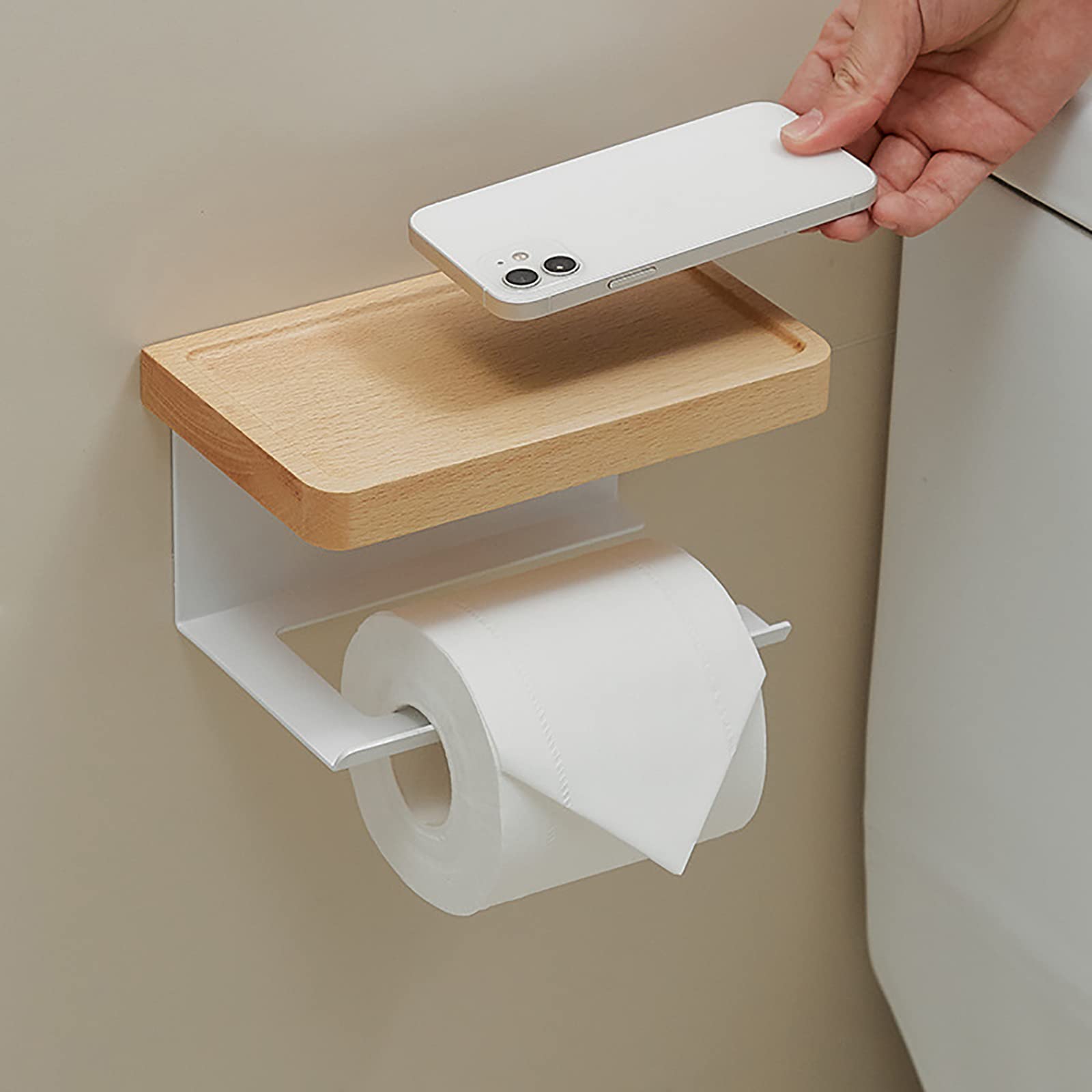 Portarrollos Papel Higienico, Porta Rollos de Papel Higienico Madera, Portarollos Papel Higienico Adhesivo con Espacioso Estante, para Cocina y Baño Multifunción Blanco