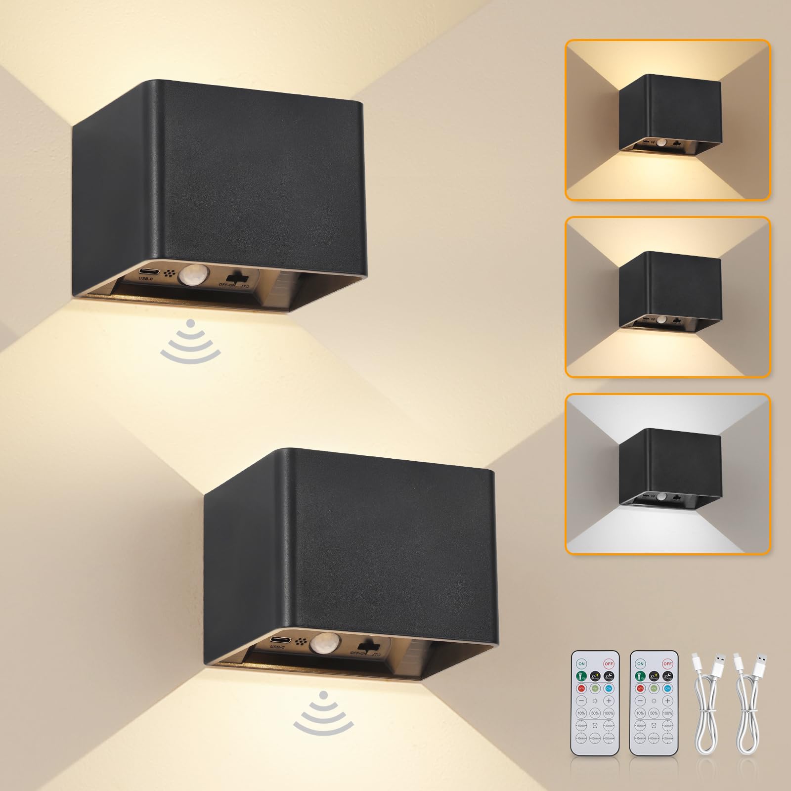 Aplique Pared Interior sin Cable y con Sensor Movimiento, USB Recargable Lamparas sin Cables con Sensor de Movimiento, 3 Colores, Apliques Pared Interior Negro Para Pasillo Escaleras - 2 Piezas