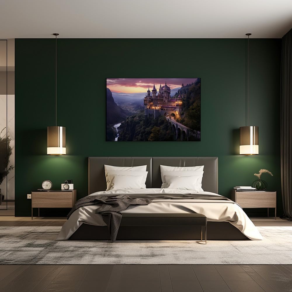 Canvas for Living room. Enchanted Summit The Majestic Pink Castle Reigns Over Twilight Waters, 27 x 18 inch Canvas Wall Art - Zen Wall Decor