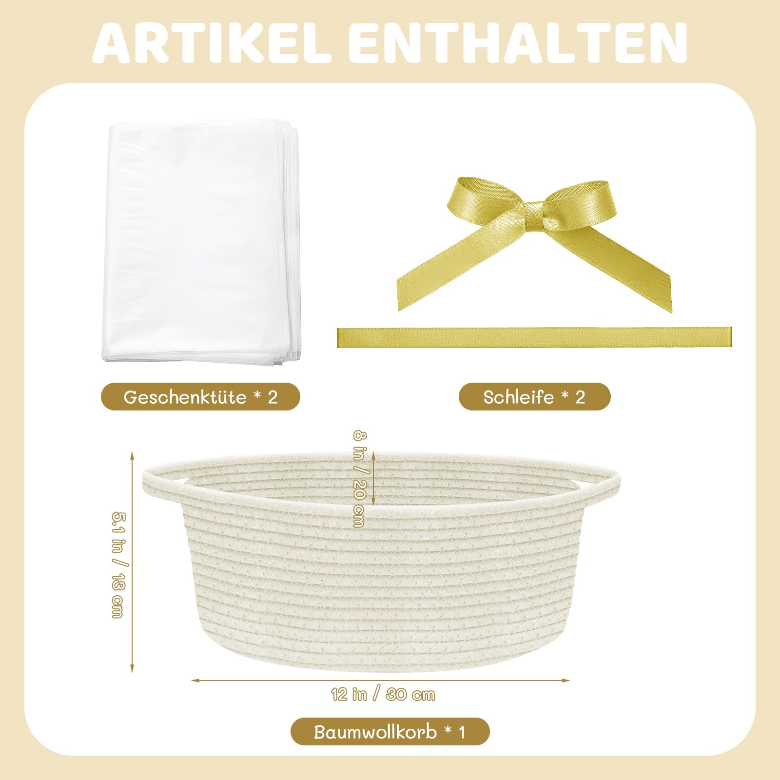 Geschenkmand, leeg, gevlochten mand voor geschenken met geschenkzakjes, wenskaart en linten, leeg, voor babyshower, verjaardag, bruiloft, Pasen, oogstdankje, Kerstmis (kaki