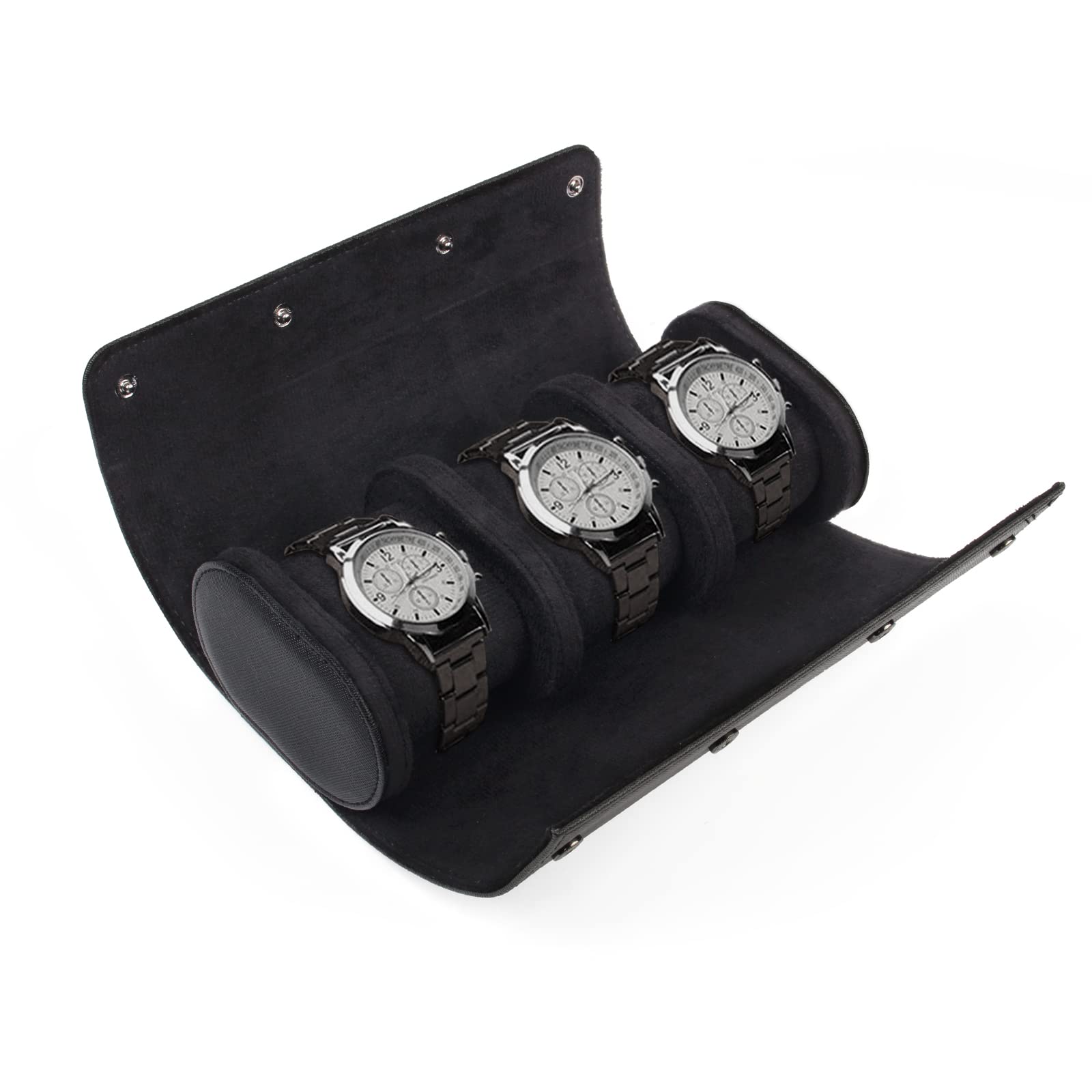 Uhrenrolle Uhrenbox 3 Uhren Schwarz, PU Leder Tragbare Zylindrische Uhren-Aufbewahrungsbox mit Samt-Innenfutter, Uhrengehäuse für Männer und Frauen, 23x10x7.5 CM