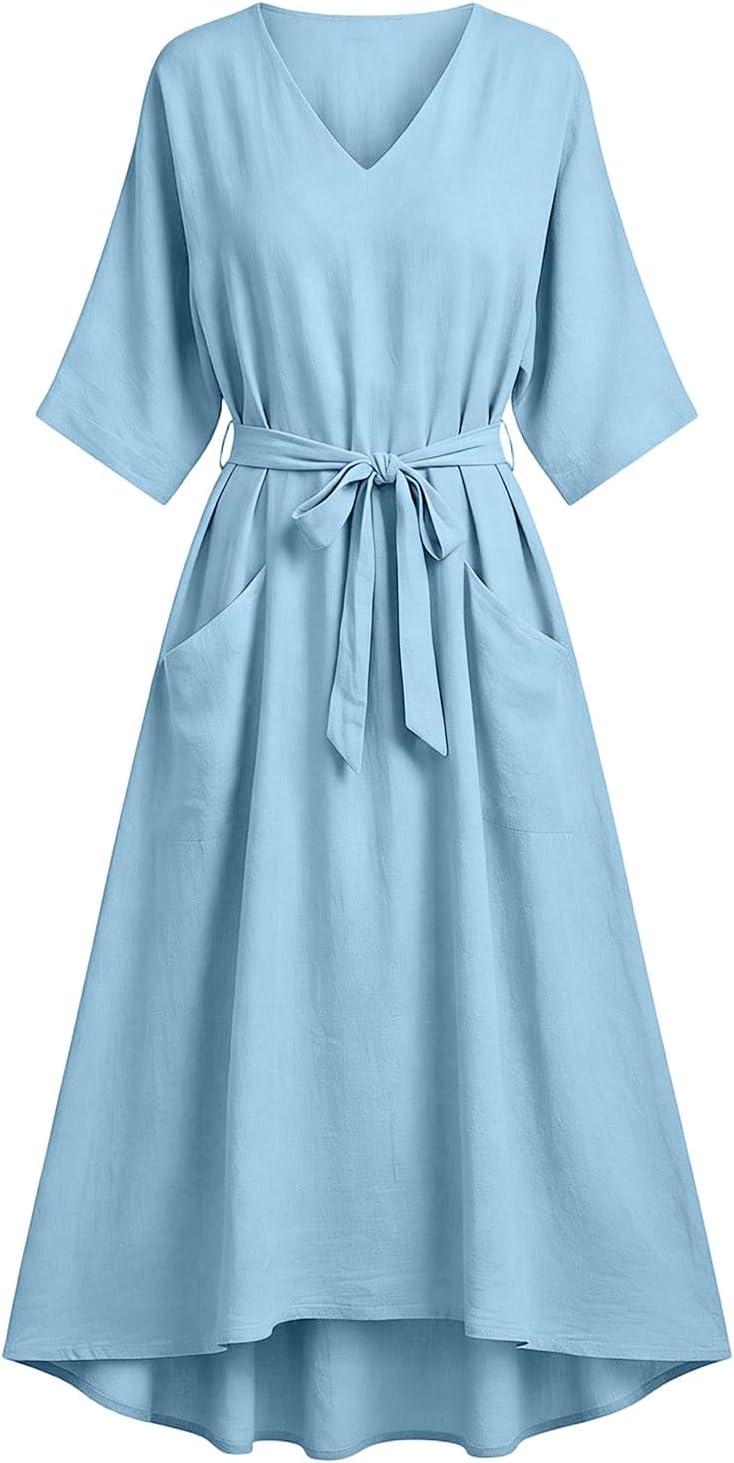 Women's V Neck Flowy Dresses, Summer Lightweight Casual Midi Dress 2026 Trendy 3/4 Sleeve Travel Sundress Resort Wear