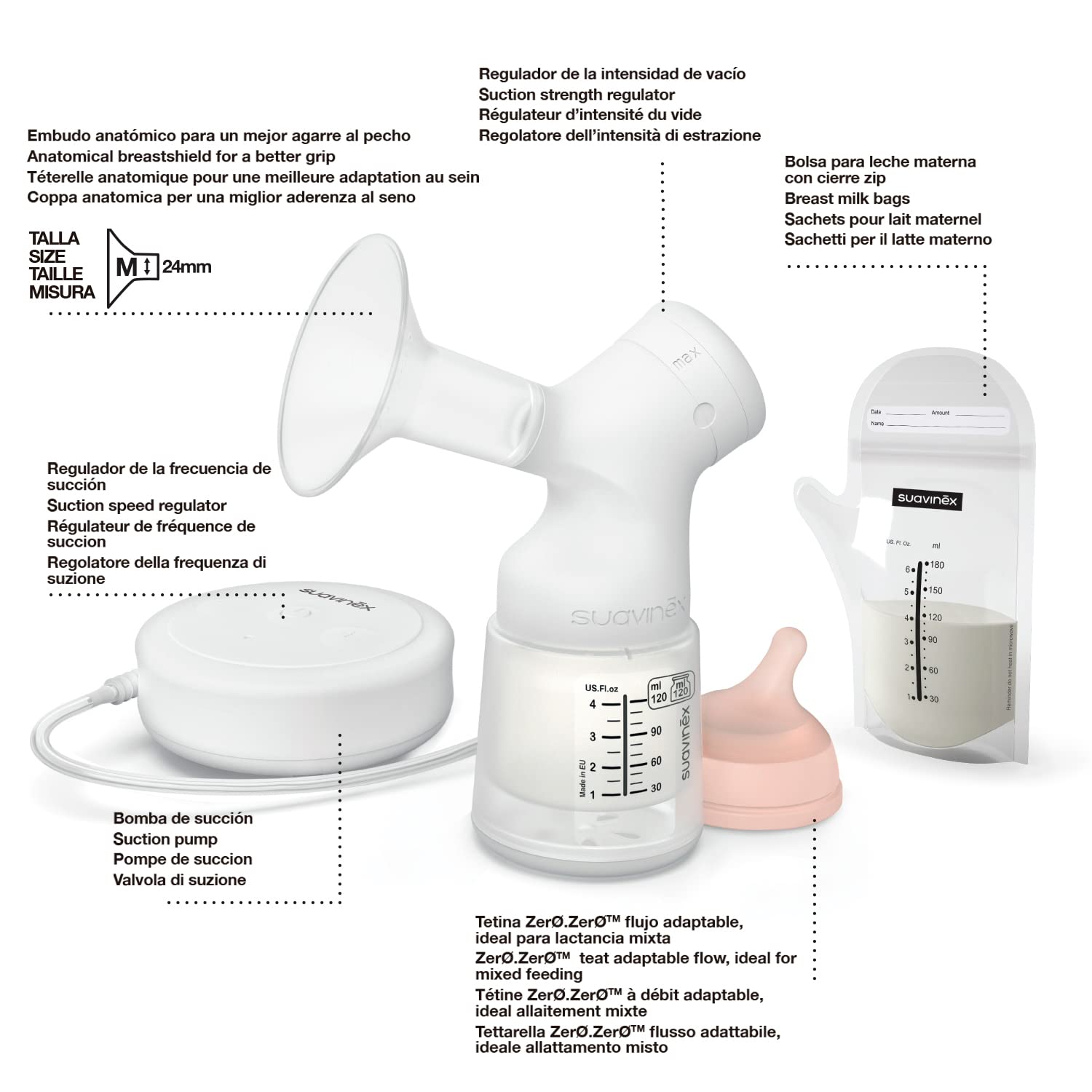 Suavinex, Tire-Lait Électrique. Inclut : Biberon Anti Colique Zero Zero 120ml avec Tétine a Débit Adaptable + 3 Sachets pour Lait Maternel + Sac Transport. Tire-Lait avec Système de Double Régulation