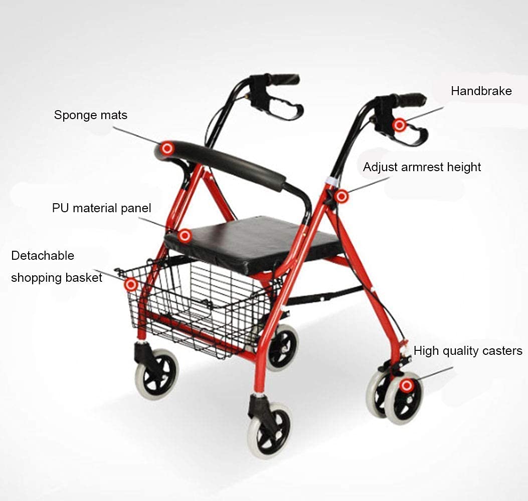 Chodziki dla seniorów Wózki inwalidzkie Lekki Składany Regulowany Chodzik Jazdy Medyczny, Staruszek Pchający Skuter Może siedzieć w starym koszyku, aby kupić kule na cztery stopy Walker Walking Frame