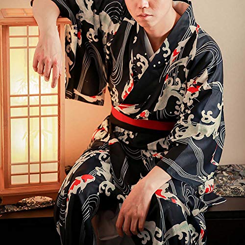 Men's Japanese Traditional Kimono Robe Long Sleeve Spa House Bathrobe Easy Wearing Yukata Sleepwear Nightgown Unisex with OBI Belt Set Navy4